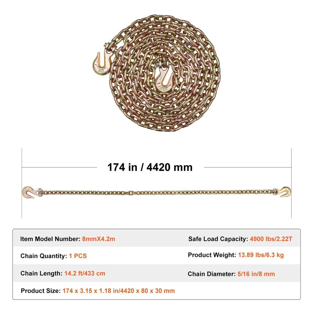 Binder Chain G80 Tie Down Tow Chain with Two Hooks 5/16" X 14.2' 4900 Lbs