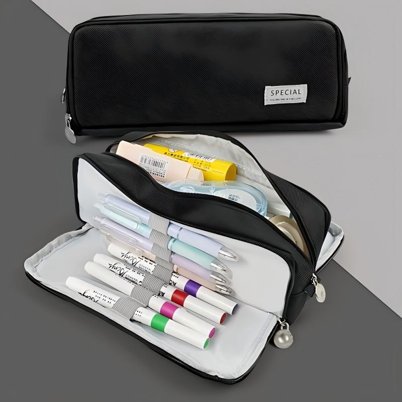 Pencil Case Large Capacity Storage Bag 3 Compartment Pouch Double Side Opened Student Stationery Box Desk Organizer Stain Resistant Stationery Bags