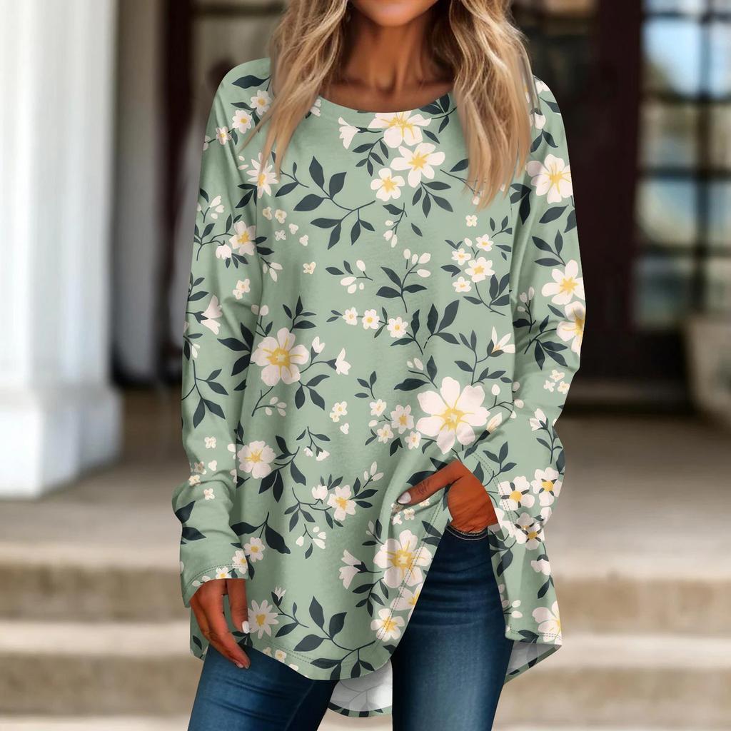 Naiste vabaaja plusssuuruses pikkade varrukatega ümmarguse trükitud T-särgi top pullover