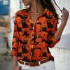 Halloween Cute Pumpkin Cat Lantern Cute Ghost Element Women's Clothing Long Sleeve Shirt Print Lapel Button Holiday Party Tops