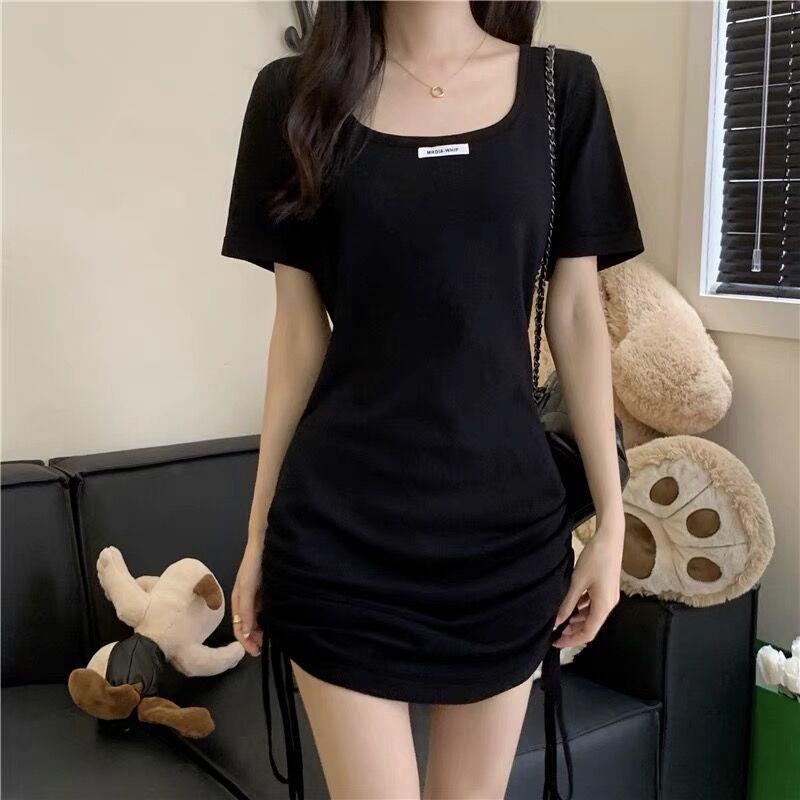 2025 French Square Neck Striped Drawstring Dress - Petite Summer Hip-Hugging Skirt for Women