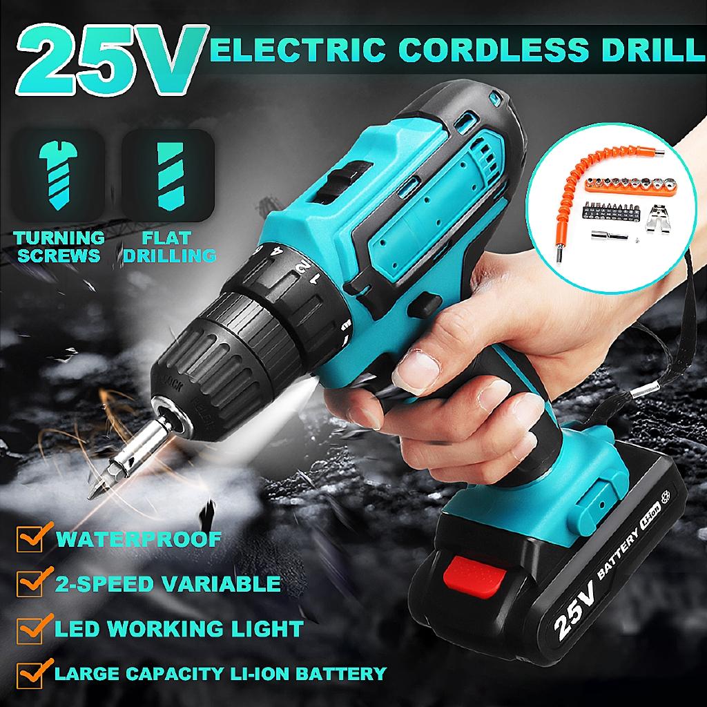 Brushless Cordless Electric Drill Screwdriver Set Double Speed 18+1Torque LED Lighting Rechargeable 1/2PCS Battery