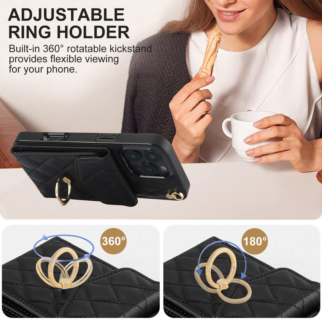 For iPhone 16 Pro Case Card Bag Leather+TPU Crossbody Phone Cover with Ring Kickstand