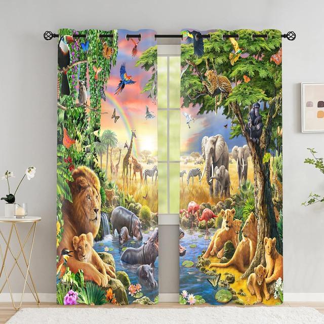 

Занавеска на окно с лесными животными, плотные шторы с тигром и львом для спальни, шторы в гостиной, высокая затененность (70 %-90 %)2 панели W53.5 X H160cm X 2