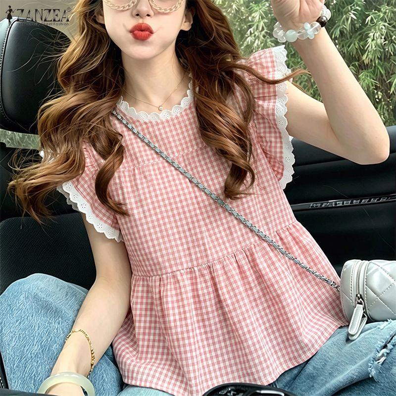 ZANZEA Women Casual Splice Round Neck Loose Cap Sleeve Plaid Print Blouse M