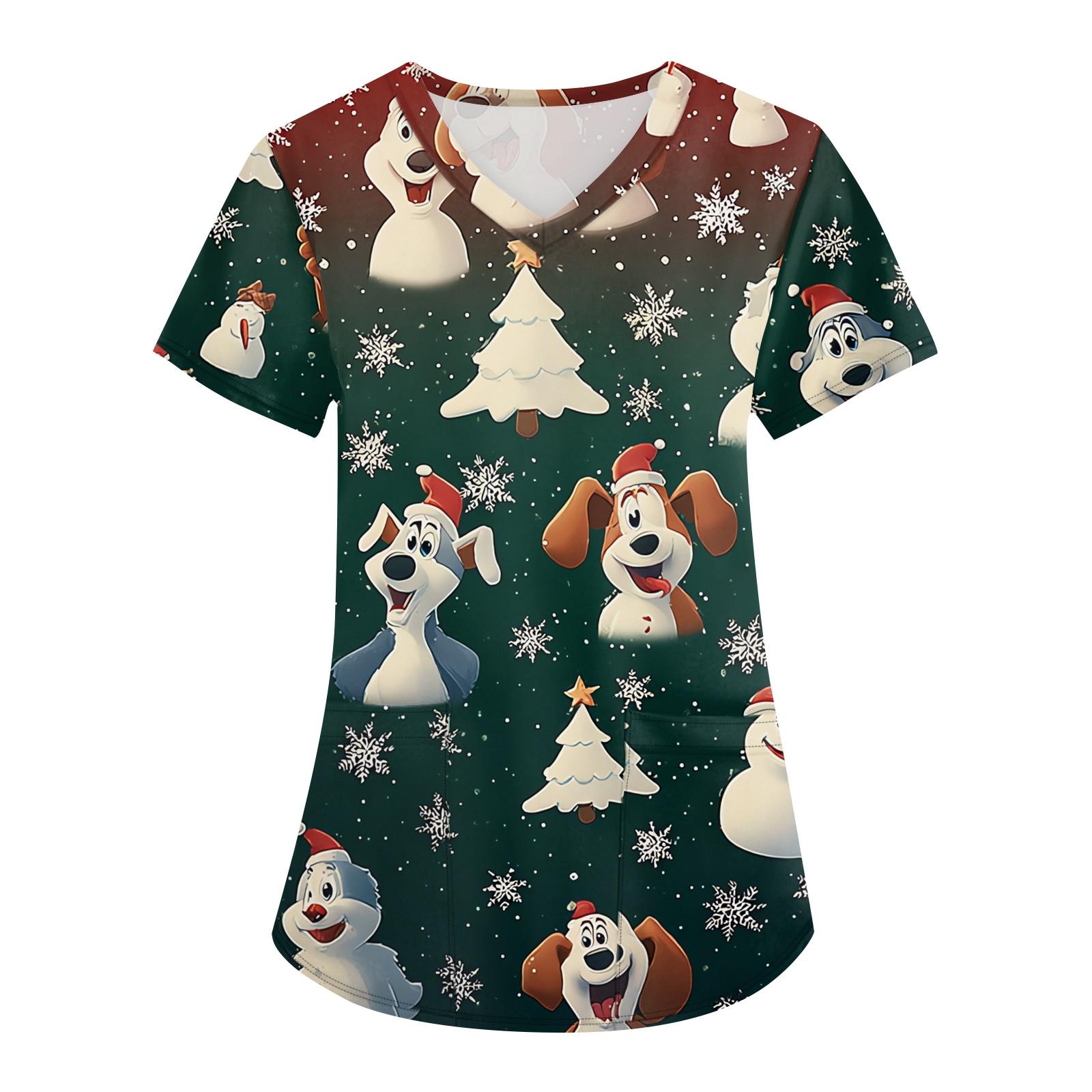 

Женская мода с v-образным вырезом, короткими рукавами и карманами, топы с рождественским принтом L