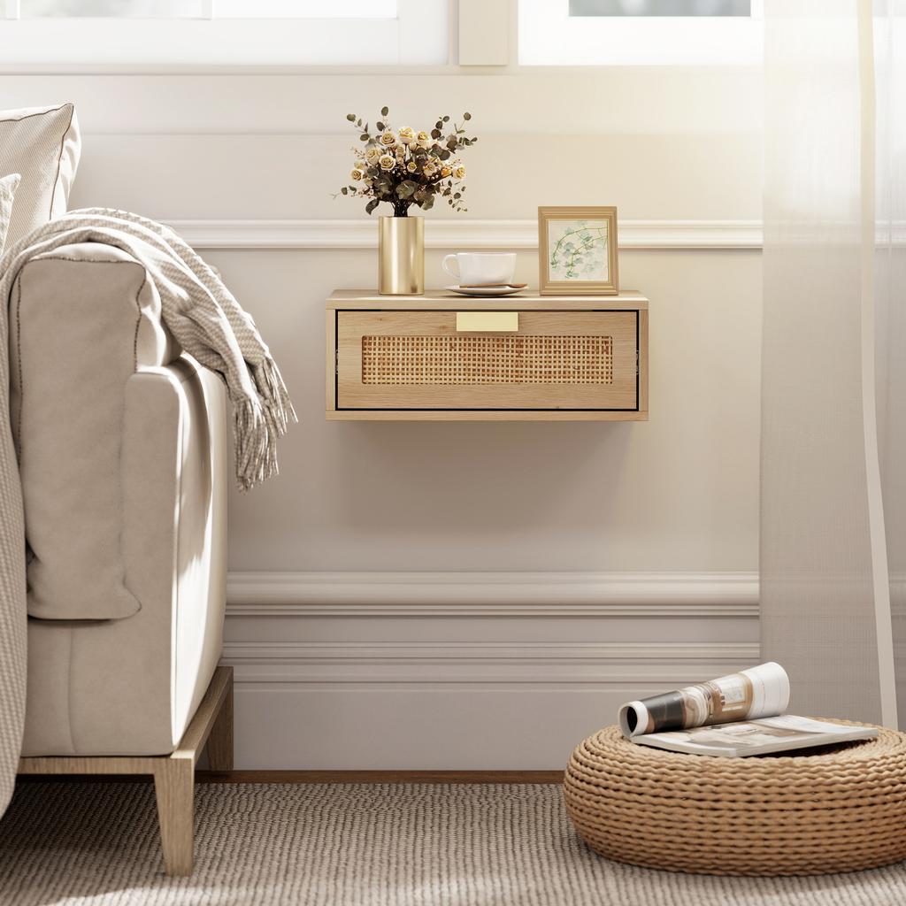 Set of 2 Floating Nightstands, Rattan Drawer, 40x30x15 cm, Natural