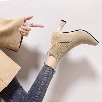 2025 New Autumn and Winter Fashion High-heeled Thick-heeled Short Boots Sleeve Fly-woven Elastic Women's Boots Black One-pedal Bare Boots