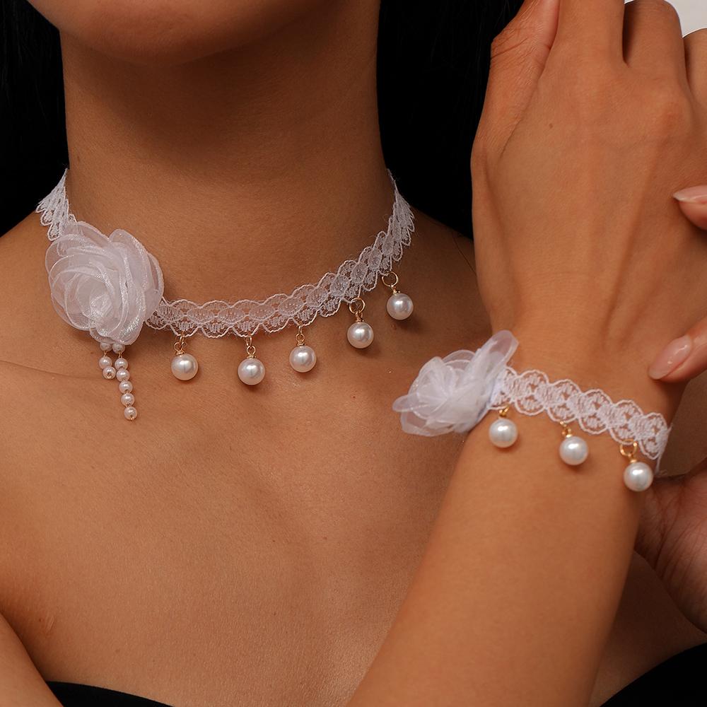 Elegant White Rose Flower Lace Choker Necklaces Bracelet Jewelry Set Pearl Tassel Necklace for Women Wedding Party Jewelry