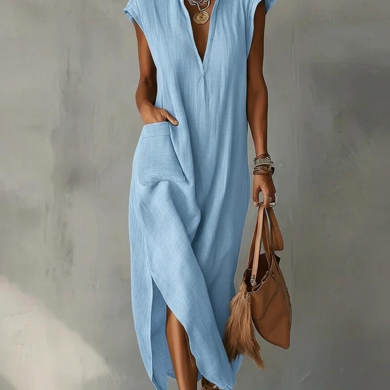 Abbigliamento Donna Estate Stile Europeo Abito Lungo Cotone Senza Maniche Monocolore Vestibilità Larga Scollo a V Casual