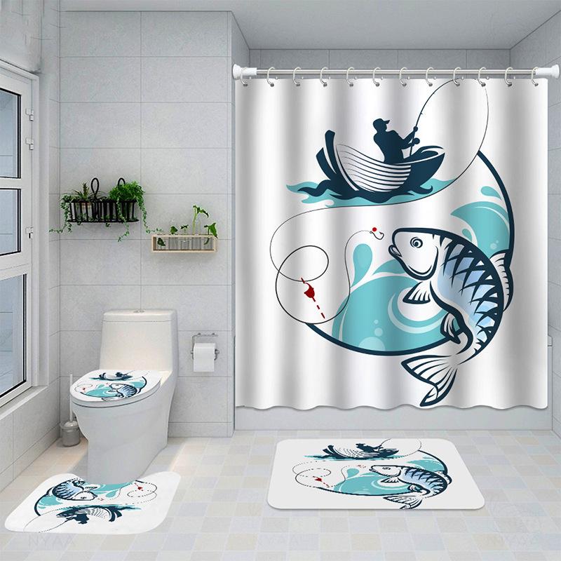 Dolphin 3D Digital Printing Shower Curtain Shower Curtain Dolphin Non-Slip Mat Four-Piece Set