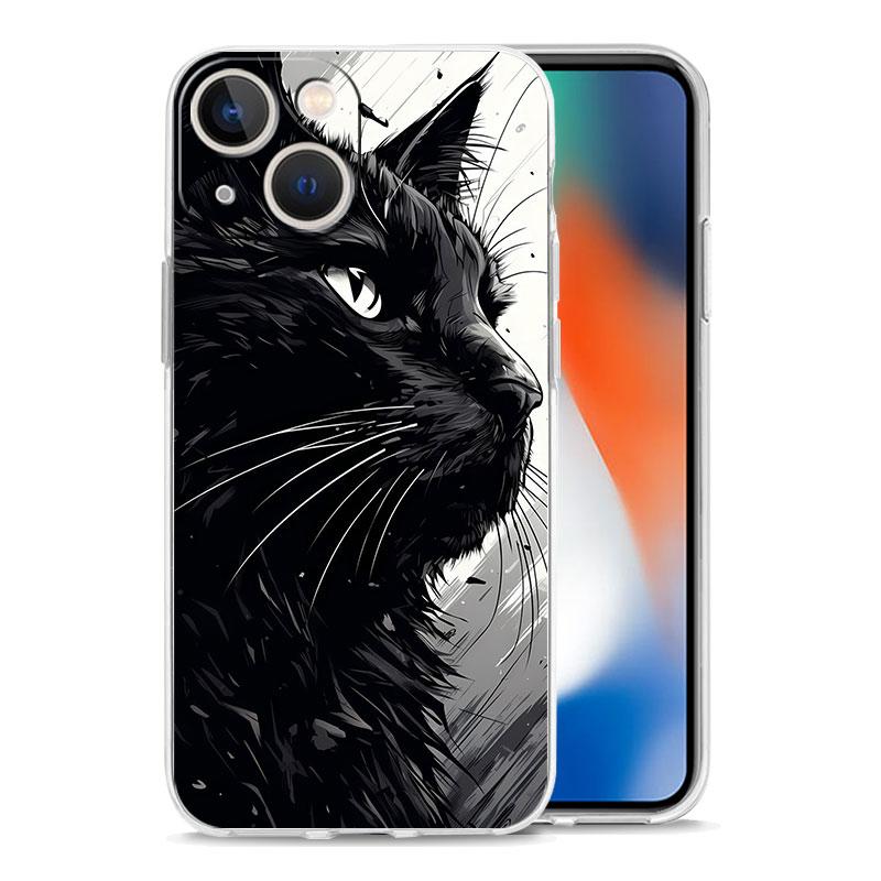 Phone Case For iPhone 16 15 14 13 12 11 Pro Max XS X XR 7 8 Plus Soft Shockproof TPU Clear Cover Black Cat