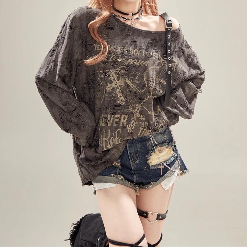 Wasteland Off-Shoulder Ripped Long Sleeve Cover-Up Top for Women