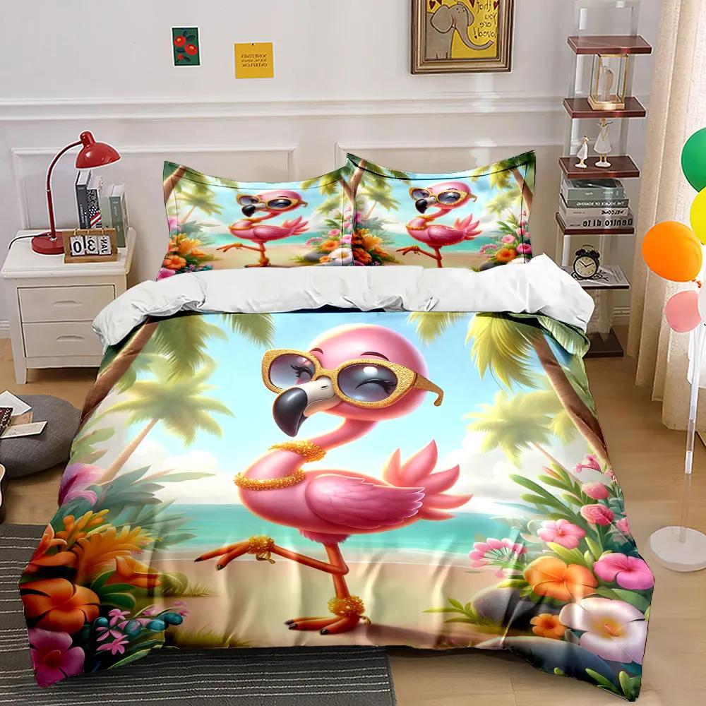"Flamingo Beach Decor Set" Bedding Set with 1 Duvet Cover 2 Pillowcases Single Double King Queen Gift