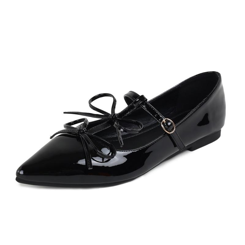 

Модные лаковые туфли-лодочки с бантом Мэри Джейн, женские балетки, туфли-лодочки, весна-лето, элегантные, с острым носком, Т-образный ремешок, женские балетки, праздничная обувь 43 чёрный