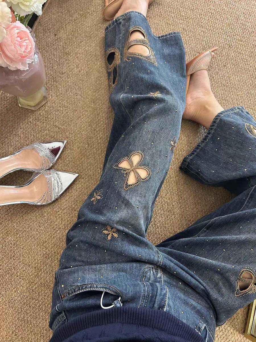 Butterfly Embroidered Rhinestone High-Waisted Wide-Leg Jeans, Women s Autumn 2025 S