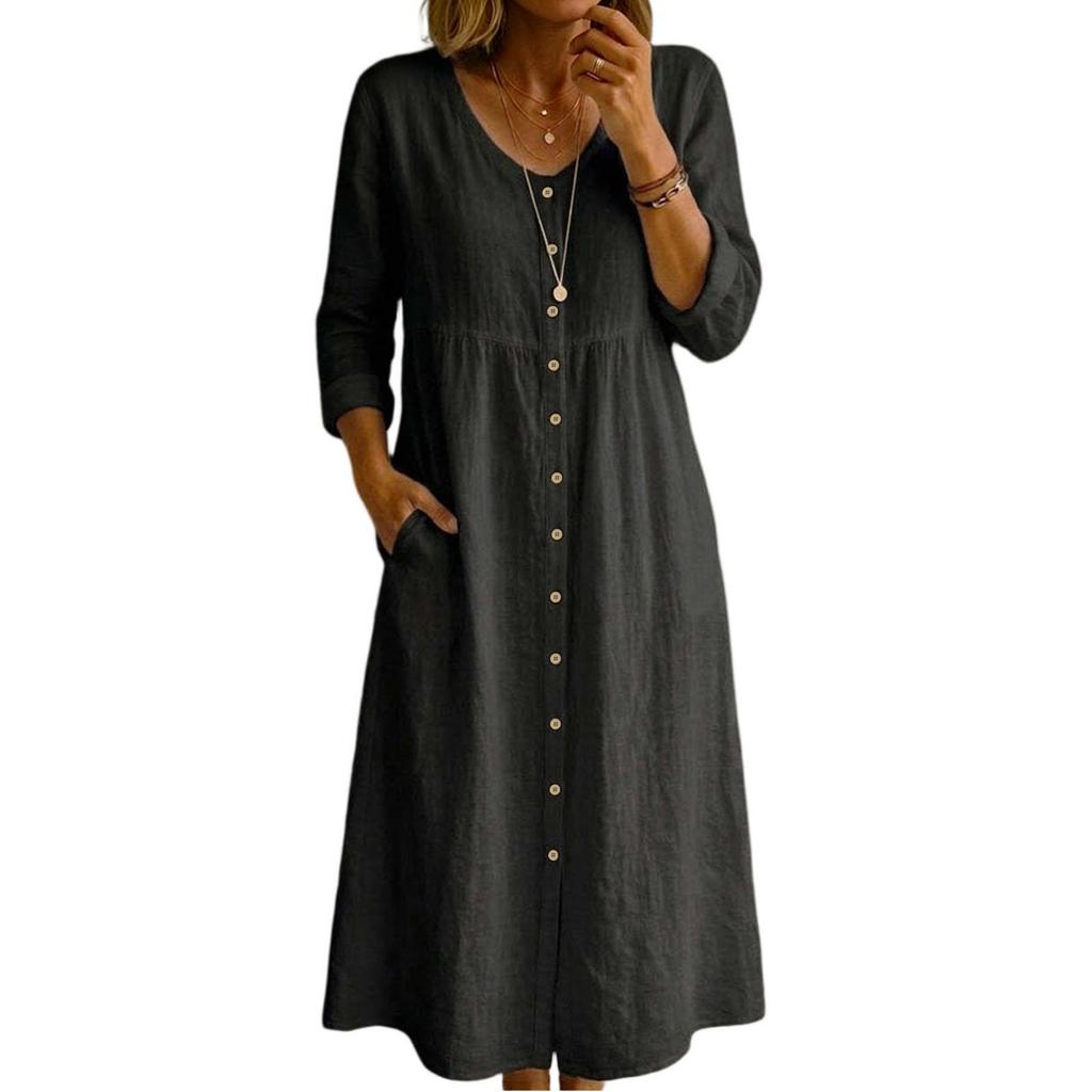 Abito midi da donna a maniche lunghe con bottoni in lino, vestibilità ampia, scollo a V, casual, tinta unita, con tasche, per uso quotidiano