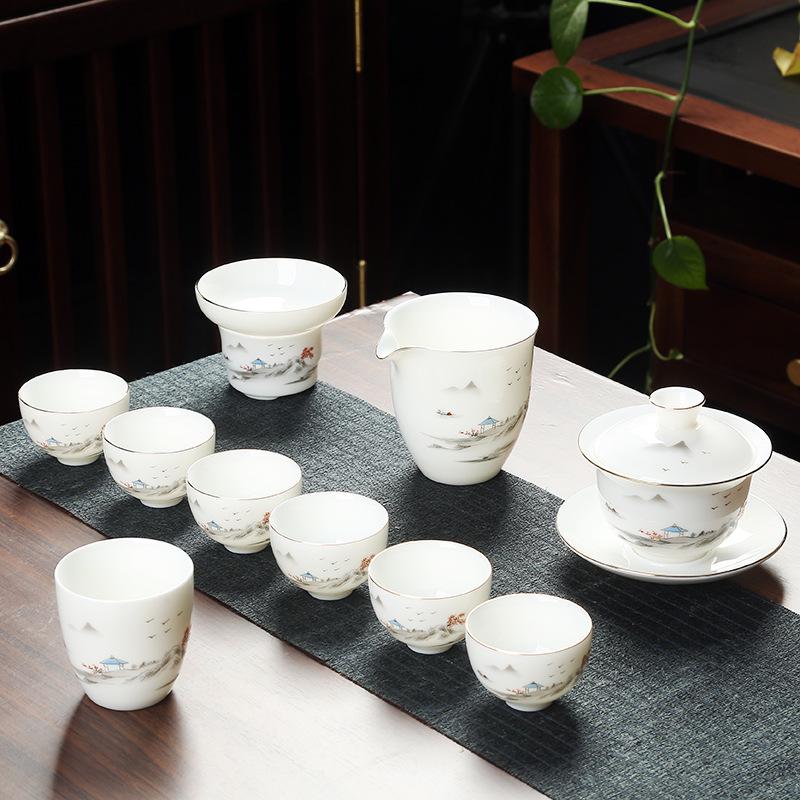 Ceramic suet jade porcelain kung fu tea set with gifts for home use