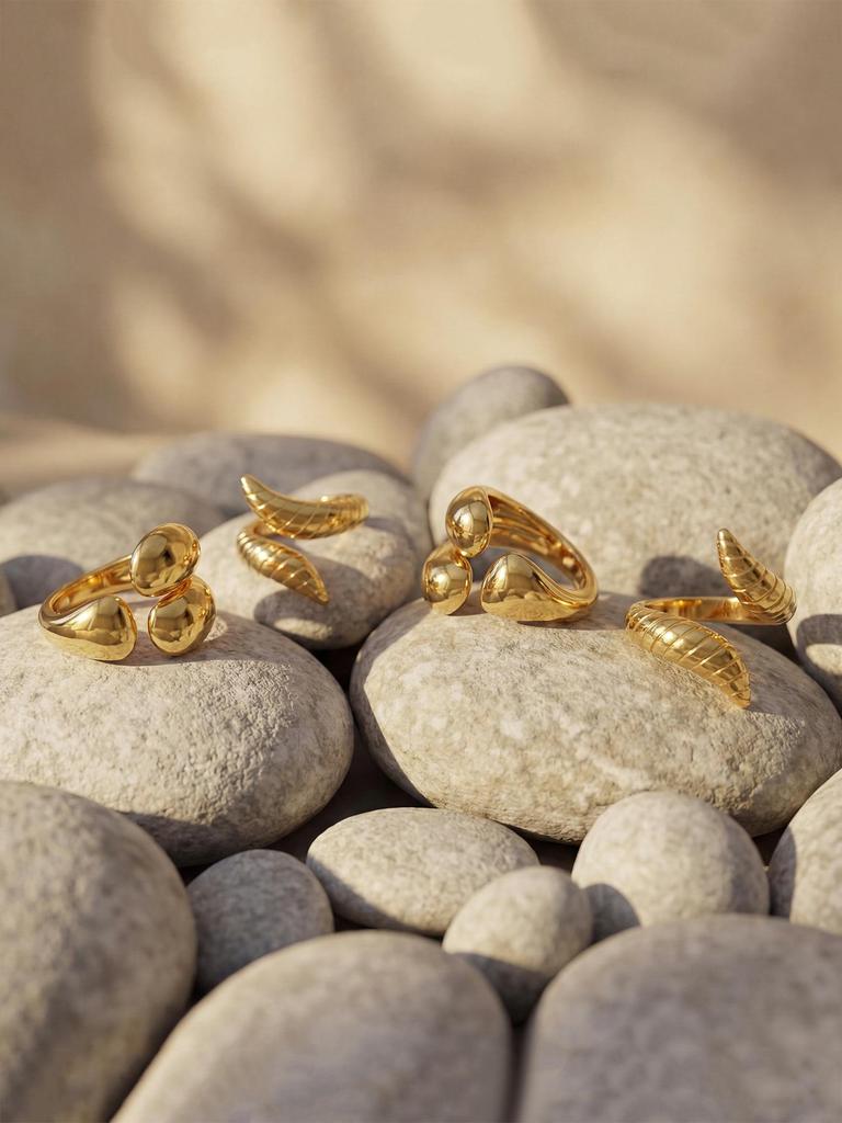 18K Gold Plated Geometric Stainless Steel Open Finger Ring Set