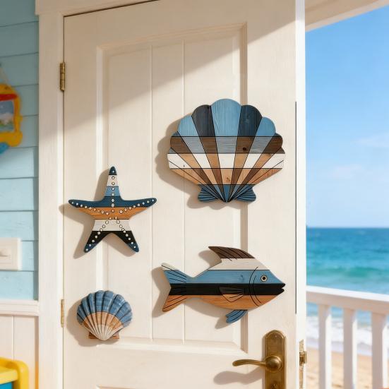 3 Pcs Wood Fish Shell Starfish Beach Wall Decor Rustic Nautical Lake House Hanging Sculpture Ocean Coastal Theme Wall Art for Bathroom Bedroom