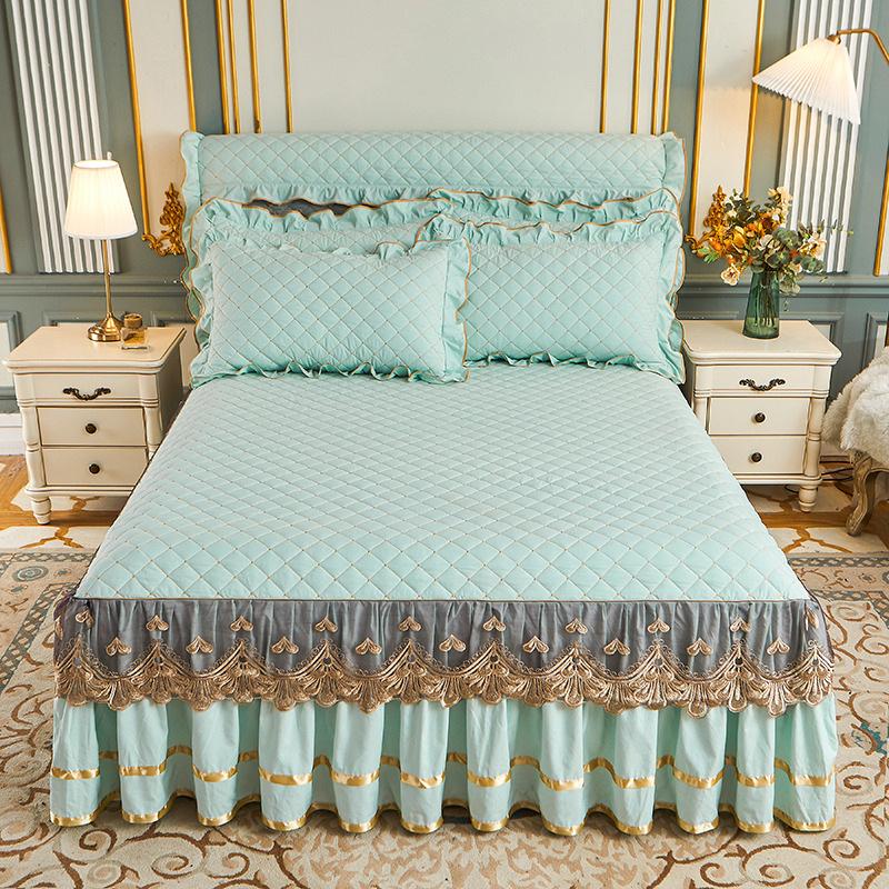 European solid color washed padded bed skirt four-piece set lace lace princess wind bed cover non-slip fixed Nordic