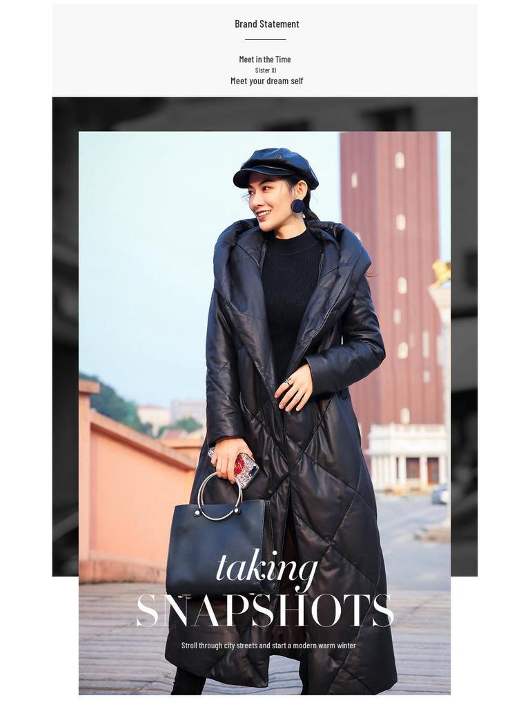 European & American 2025 Winter Sheepskin Leather Down Jacket: Women's Extra Long Thick Hooded Coat