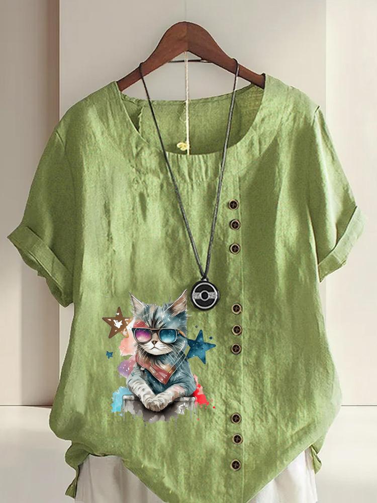 

Women s Fashion Cool Cat Print Shot Sleeve T-shirt Loose Cotton Shirt Casual Loose Summer Blouse Tops Plus Size 5XL зелений