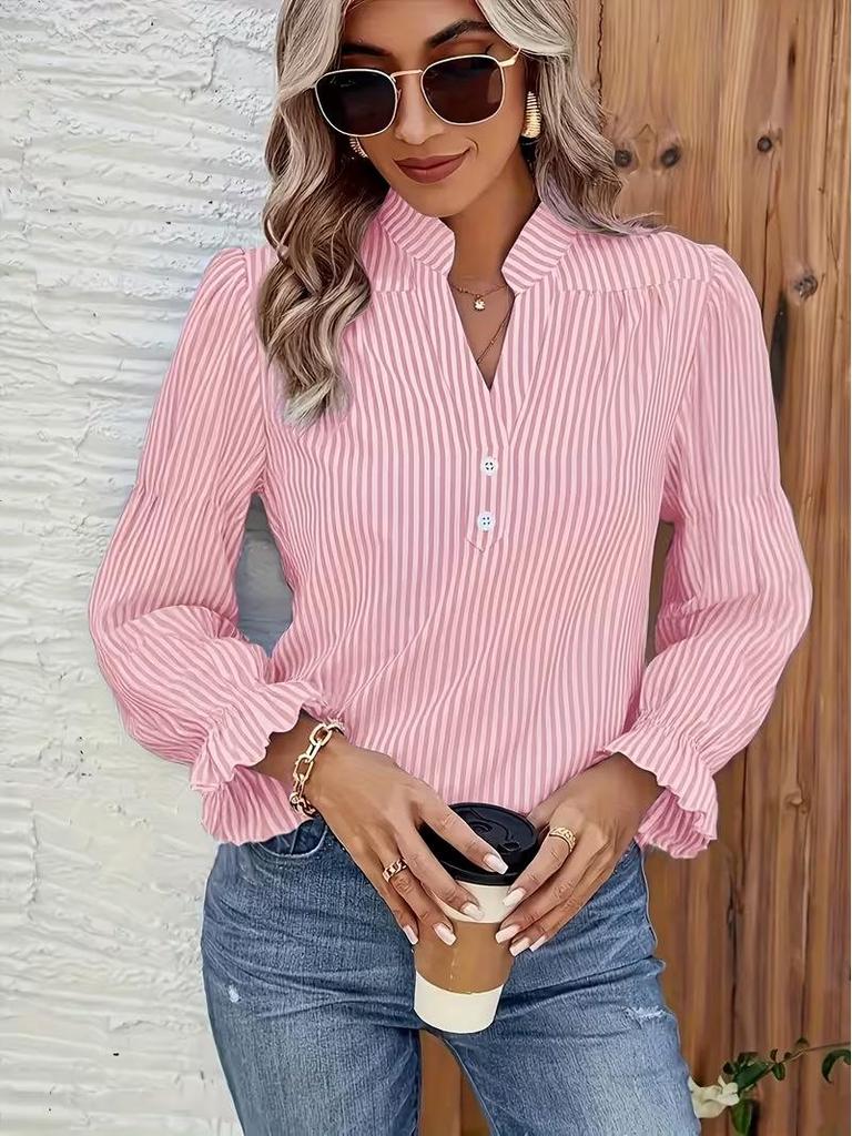 European & American Women's Striped Puff Sleeve Shirt, Autumn 2025 - New Design, Round Neck