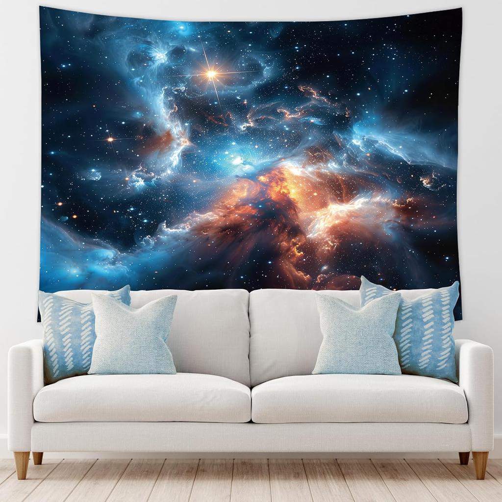 Riyidecor Galaxy Nebula Tapestry 59Wx51H Inch Outer Space Blue Starry Sky Night Fantasy Cosmic Universe Solar System Mystical Wall Hanging for Kids