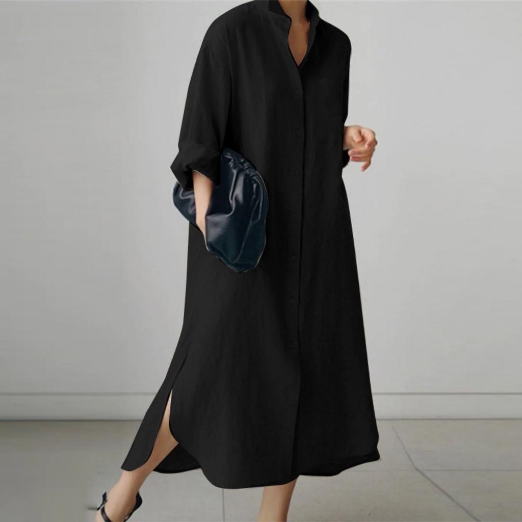 LYRIA Cotton Linen Oversize Women Dress Black Turn-Down Collar Loose Dresses Female Elegant Casual Trendy Ladies Clothes