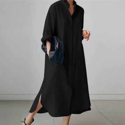 Cotton Linen Oversize Women Dress Black Turn-Down Collar Loose Dresses Female Elegant Casual Trendy Ladies Clothes