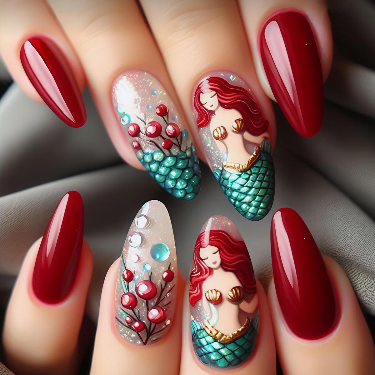 Mermaid Underwater World Wearable Nail Stickers - 24 Pieces (European & American Hot Selling) красный