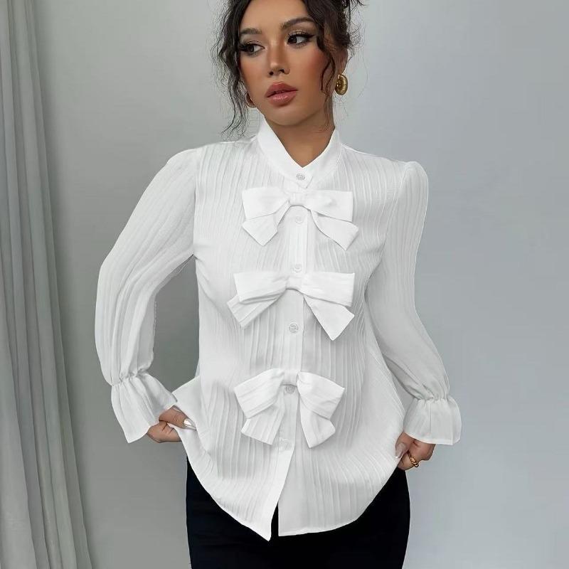 Women S French Style Long Sleeve Shirt With Bow Decoration