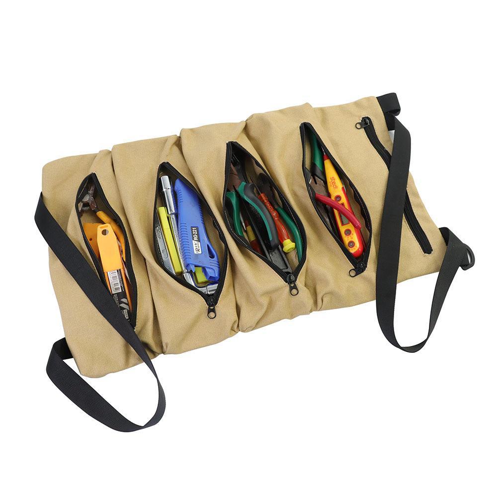 Multipurpose Roll-Up Tool Bag and Wrench Organizer with Shoulder Strap and Zipper Closure