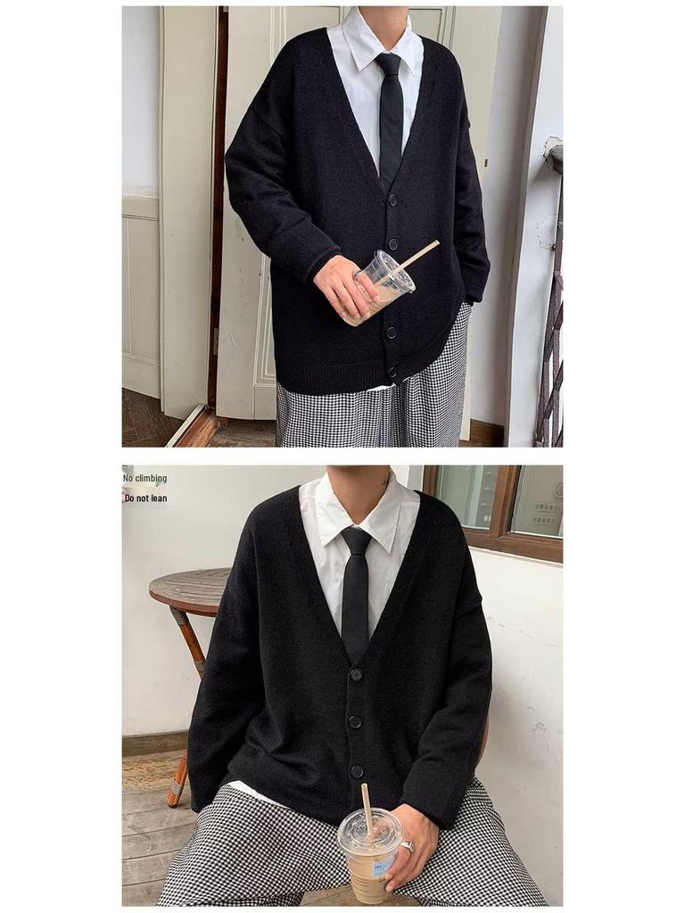 Men's Autumn Korean Style Loose Solid Color College Cardigan Sweater - Trendy Knitted Outerwear