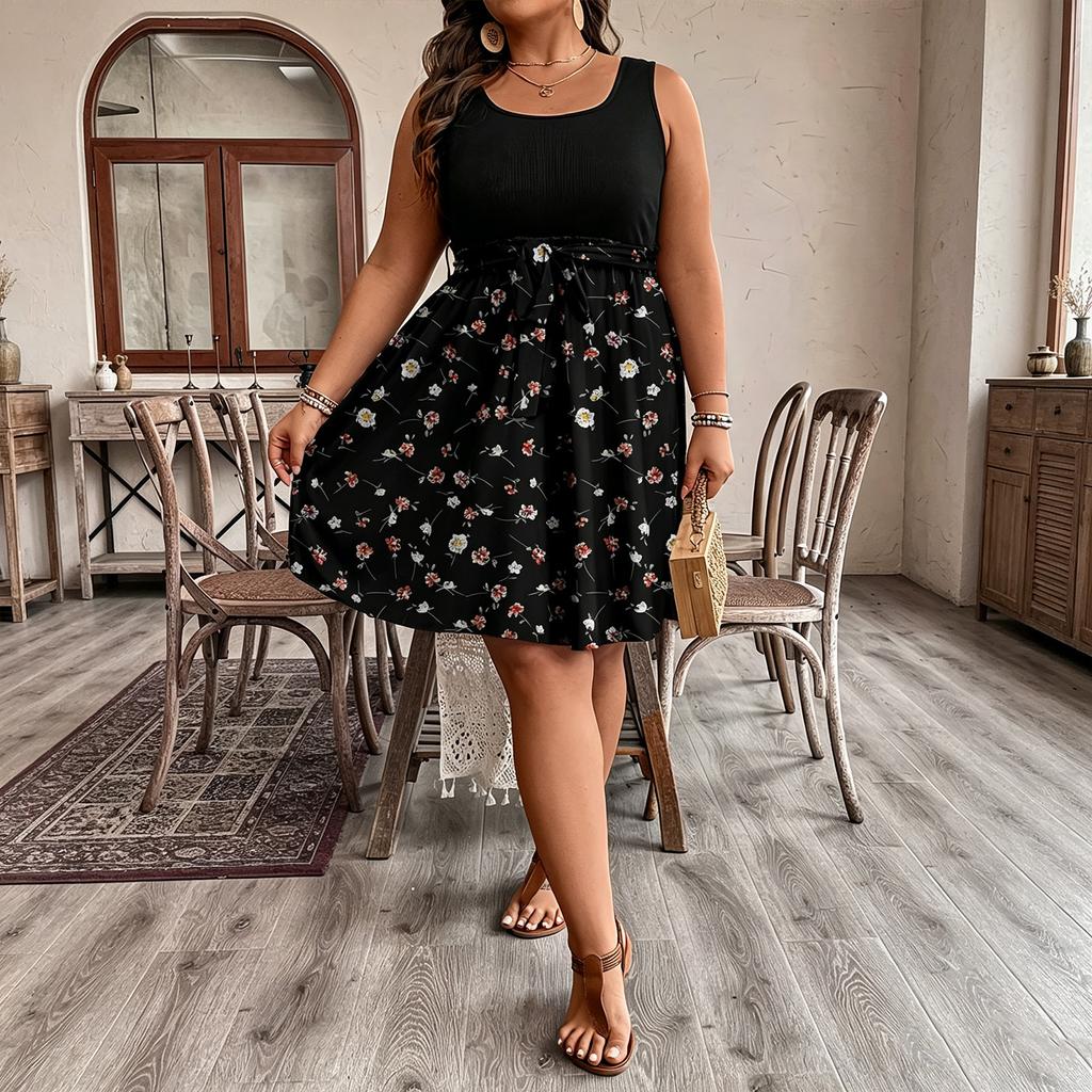 Plus Size Sleeveless Dress Casual Waist Tie Floral Print Patchwork Summer Dress for Women Fashion Trendy Comfortable Fit