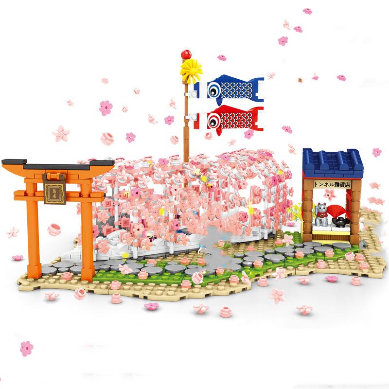 906PCS City Street View Sakura Building Blocks Lighting Cherry Blossom Japanese Sakura Tree DIY  House Mini Model Children Toys