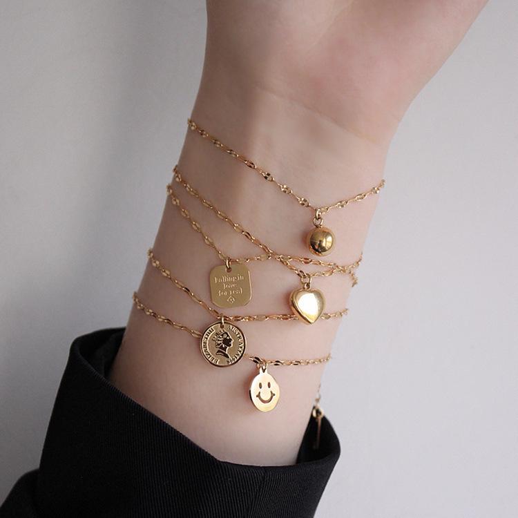 Korean Style Gold-Plated Titanium Steel Heart & Smiley Bead Bracelet Square Letter Bracelet