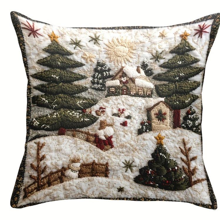 

Christmas snow pillowcase: Embroidered dream cabin and bright starry sky New Year home decoration 2d flat printing 16x16Inch