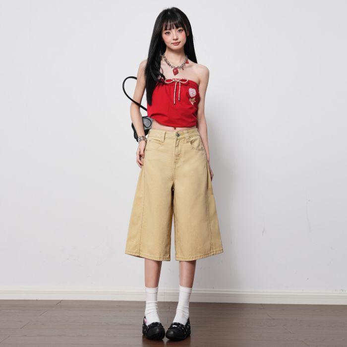 Fashion Bright Red High Waist Straight Wide Leg Cropped Capri Denim Pants For Women Loose Fit Trendy Versatile Slimming FigureFlattering Capri Pants