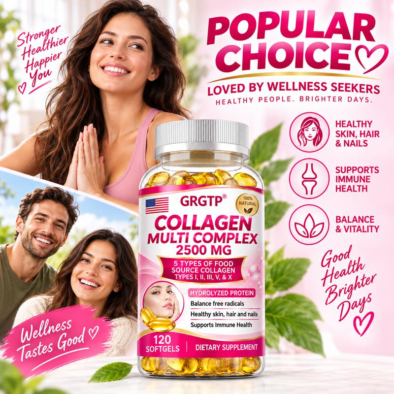 Multi-type collagen dietary supplement; contains collagen types I, II, III, V, and X; 2500mg content; suitable for adults.