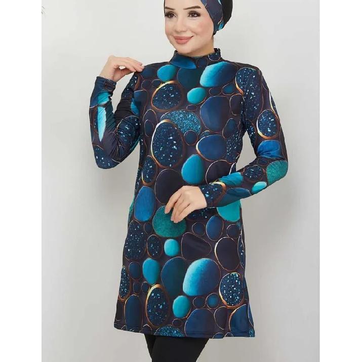 New Blue 2-piece Muslim Women's Modest Muslim Floral Print Seaside Swimwear Full Coverage Swimsuit Set Islamic Hijab Beachwear Burkini Swimsuit