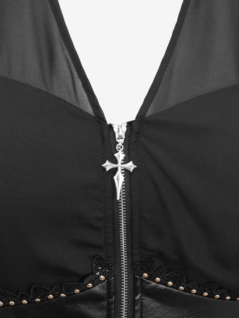 Rosegal Gothic Flare Rukávy Rozepínací límec Kříž Poloviční zip Krajka Trim Vrstvený PU panelový korzet Šifon Pevné šaty A Line