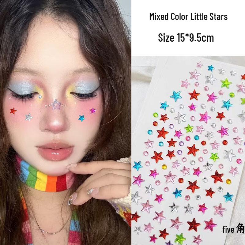 Concert Face Stickers: Five-Pointed Star, Blue Heart, Bowknot, Glue-Free Rhinestones for Makeup