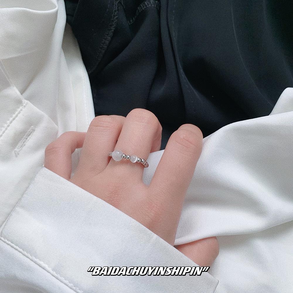 

Stylish S925 Sterling Silver Elastic Ring with Cat s Eye Double Crystal for Women S925 Sterling Silver белый