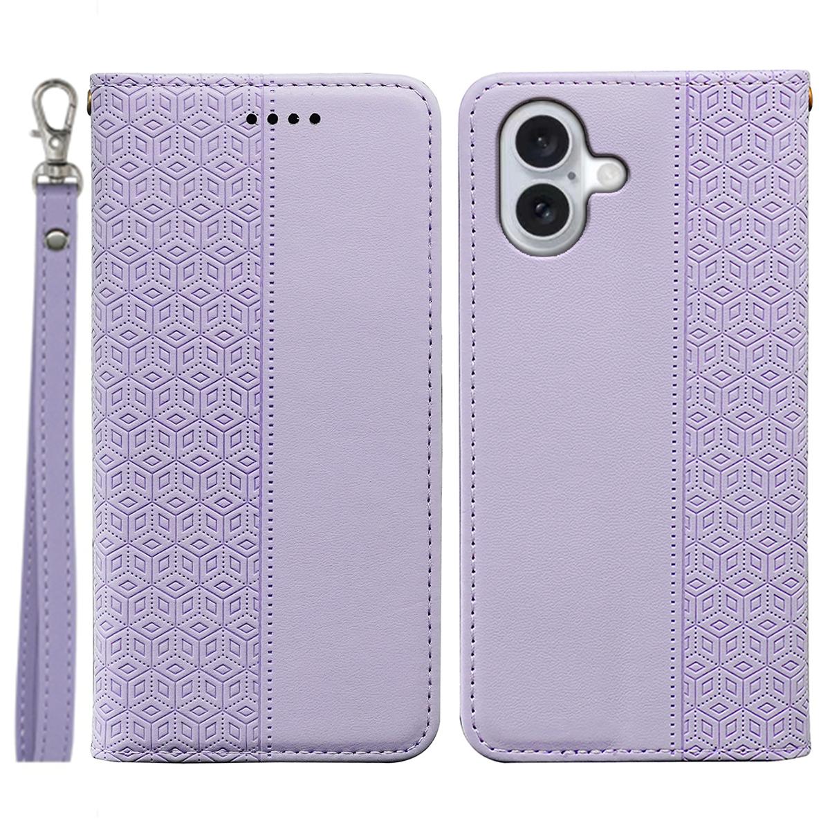 

For iPhone 16 Plus Wallet Phone Case Strong Magnetic Checkered Pattern Imprint Leather Flip Cover Purple