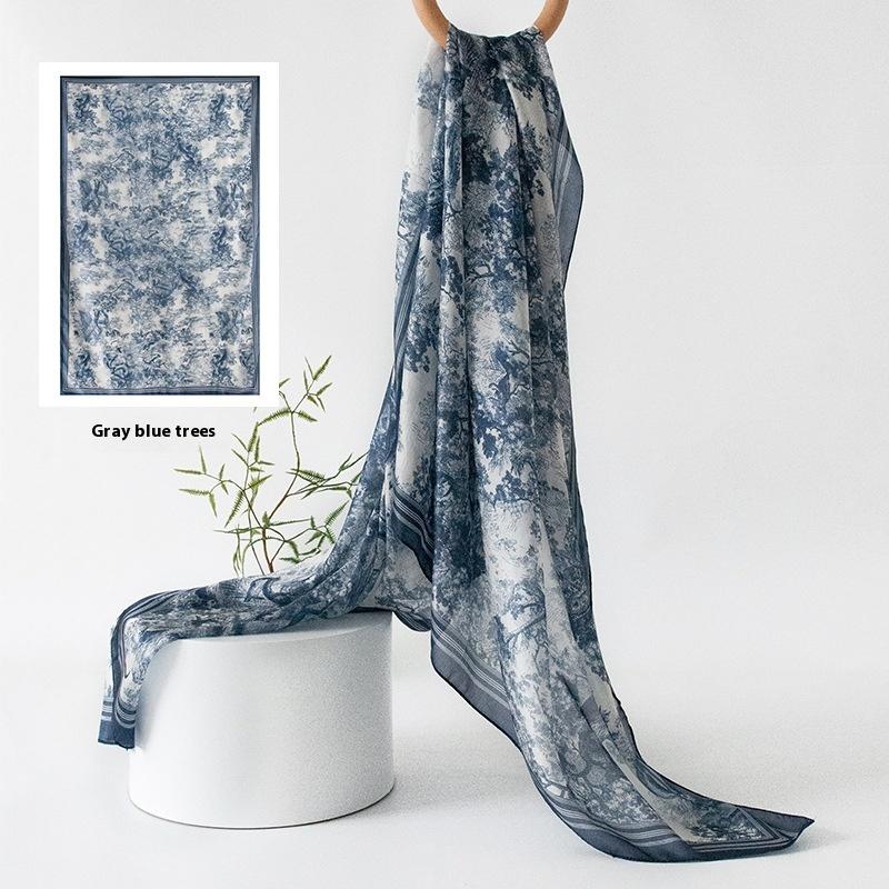 Spring and summer long strip 100% mulberry silk scarf blue silk scarf high literary sense sun protection large shawl thin
