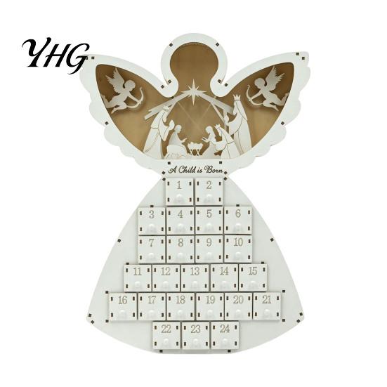 Decorative Angel Statue Wooden Christmas Advent Calendar with 24 Storage Drawers, Countdown Theme Holiday Decoration to Tabletop for Winter