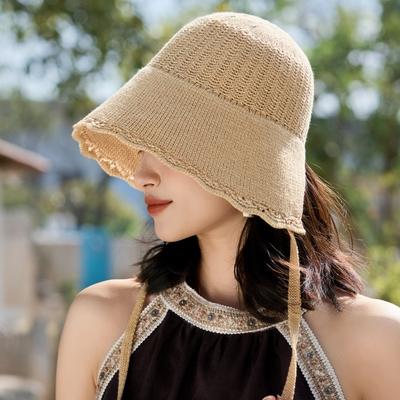 Sun Hat Women'S Fashion Knitted Bucket Hat Versatile Style Outdoor Lace Strap Bucket Hat