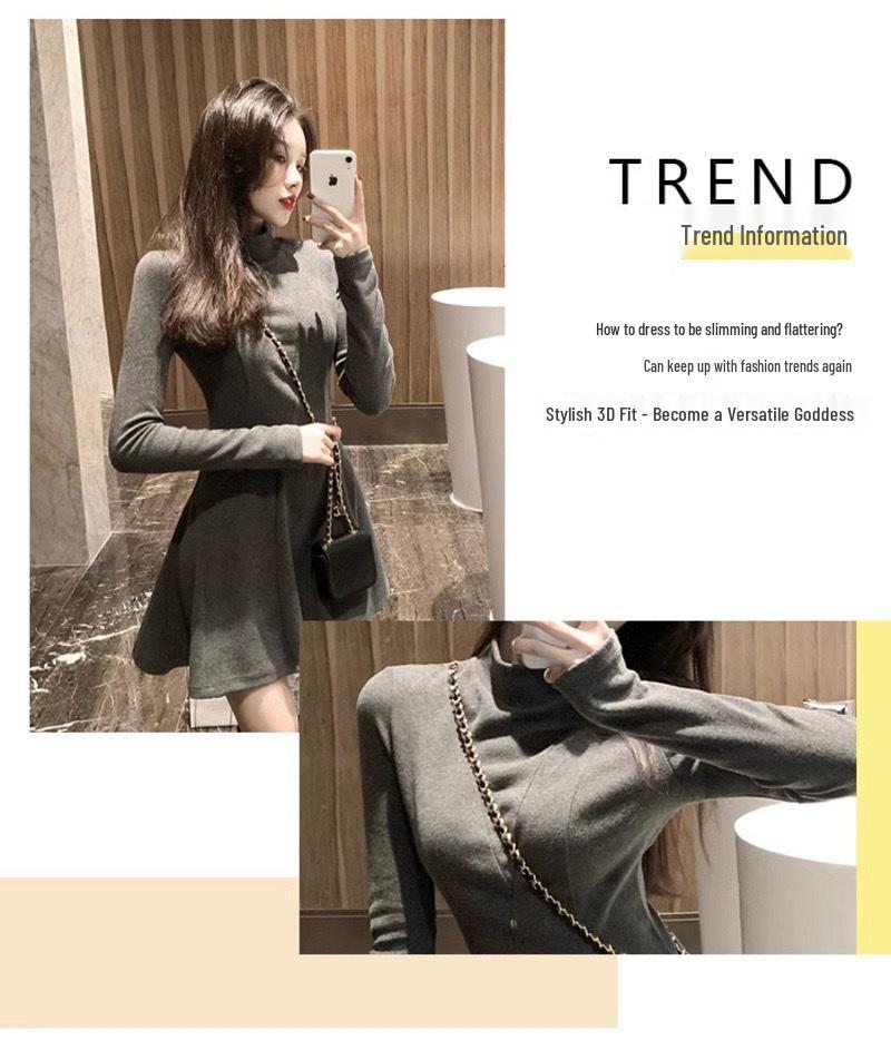 Women's Petite High-Neck Cinched-Waist Thermal Fleece Dress - Slimming A-Line Base Layer